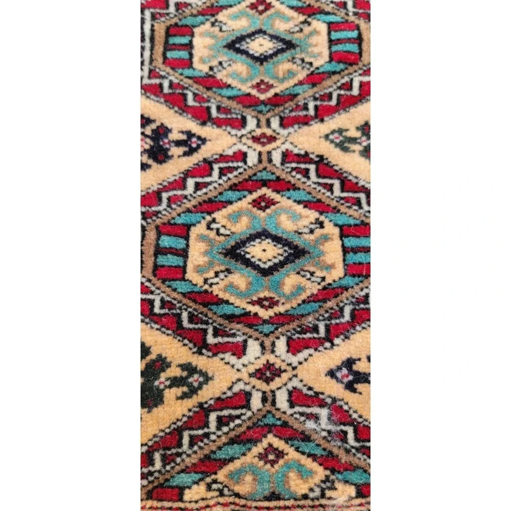 Vintage Tribal Geometric Runner Rug 2x5 Beige Red Wool Hand-Knotted